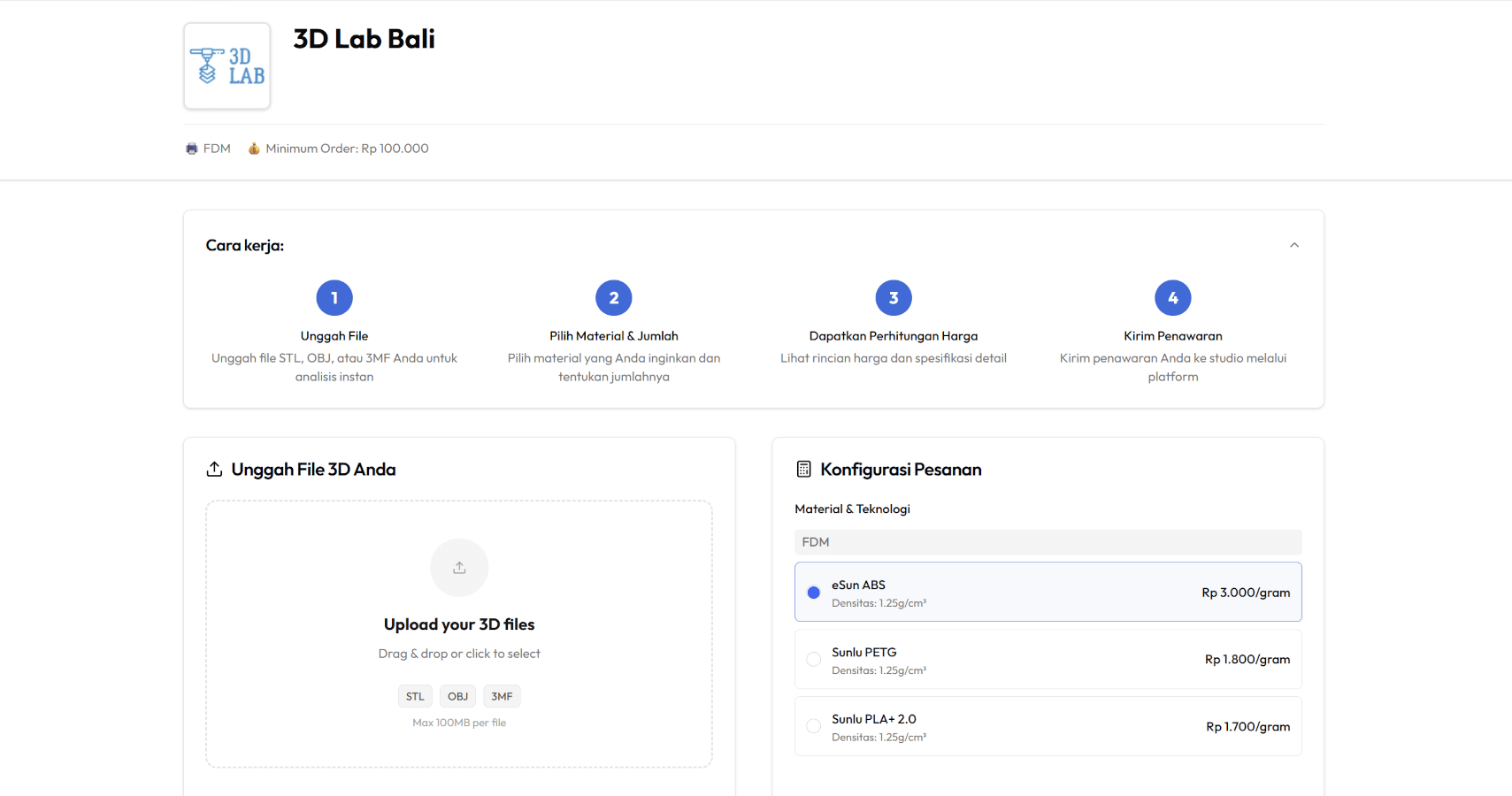 Hasil quote instan Quotika menampilkan pilihan material dan harga otomatis